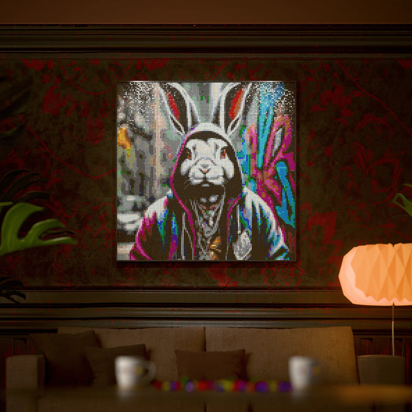 Rabbit in a Hoodie made out of 17,132 LEGO-Compatible bricks on a luxurious home background.