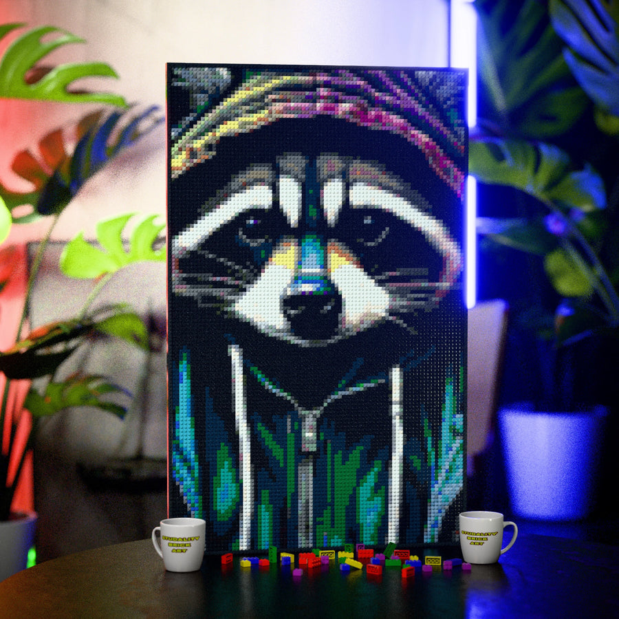 Raccoon in an Hoodie made out of 10,769 LEGO-Compatible bricks on a table with stylish luxury studio background, built with 1x1 square plates.
