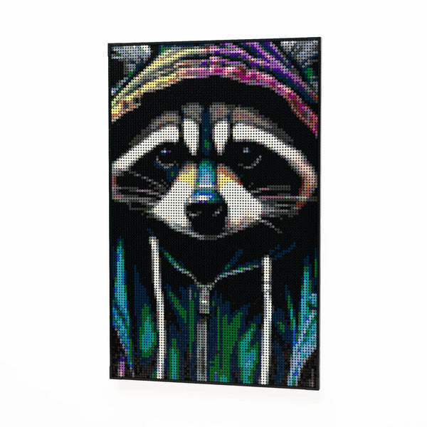 Raccoon in an Hoodie made out of 10,769 LEGO-Compatible bricks on a white clean background.