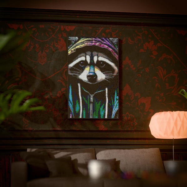 Raccoon in an Hoodie made out of 10,769 LEGO-Compatible bricks on a luxurious home background.