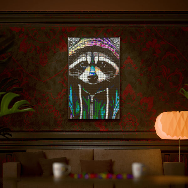 Raccoon in an Hoodie made out of 10,769 LEGO-Compatible bricks on a luxurious home background.