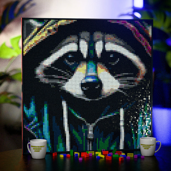 Raccoon in an Hoodie made out of 9,700 LEGO-Compatible bricks on a table with stylish luxury studio background.