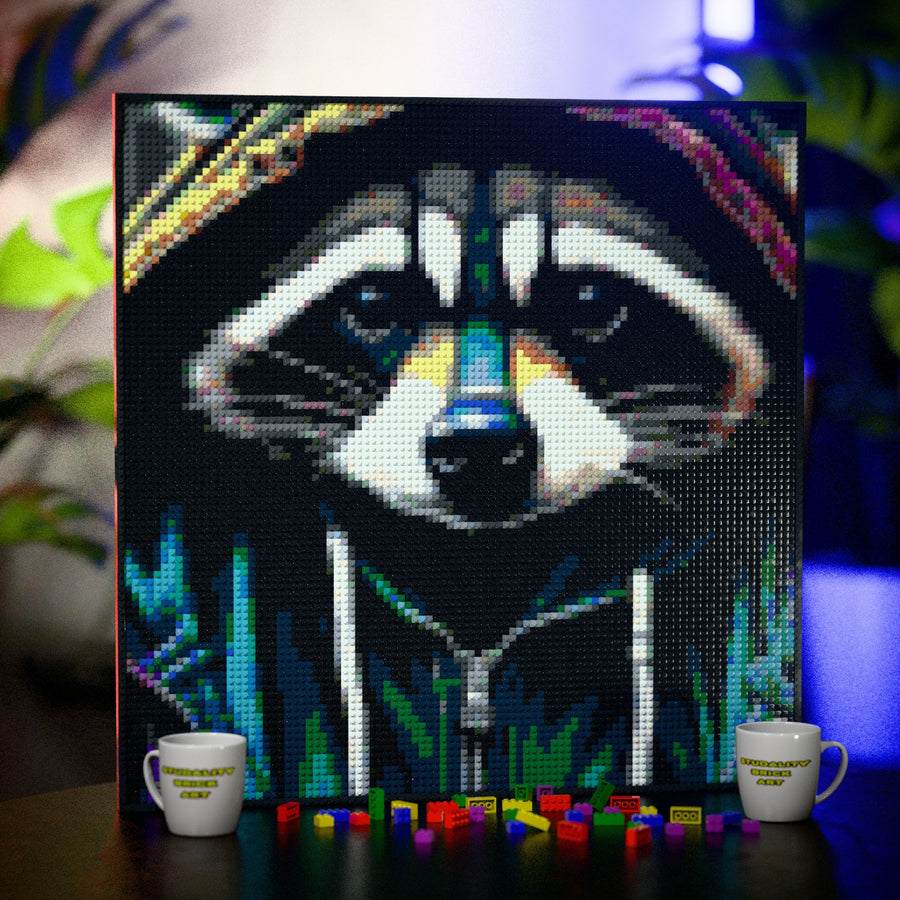 Raccoon in an Hoodie made out of 9,700 LEGO-Compatible bricks on a table with stylish luxury studio background, built with 1x1 square plates.