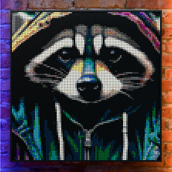 Raccoon in an Hoodie made out of 9,700 LEGO-Compatible bricks on a real red-brick wall background with good lighting.