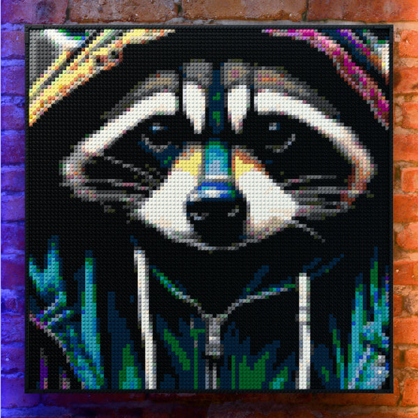 Raccoon in an Hoodie made out of 9,700 LEGO-Compatible bricks on a real red-brick wall background with good lighting, built with 1x1 square plates.