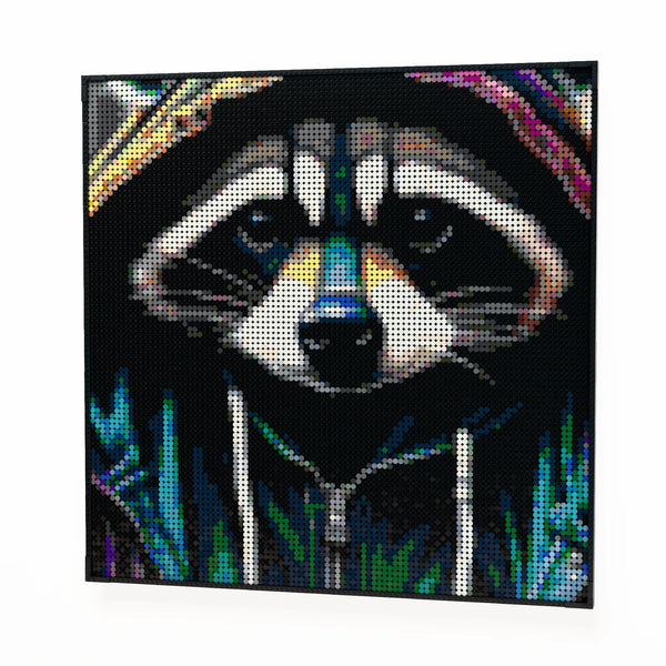 Raccoon in an Hoodie made out of 9,700 LEGO-Compatible bricks on a white clean background.