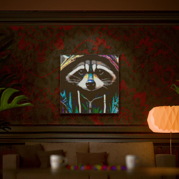 Raccoon in an Hoodie made out of 9,700 LEGO-Compatible bricks on a luxurious home background.