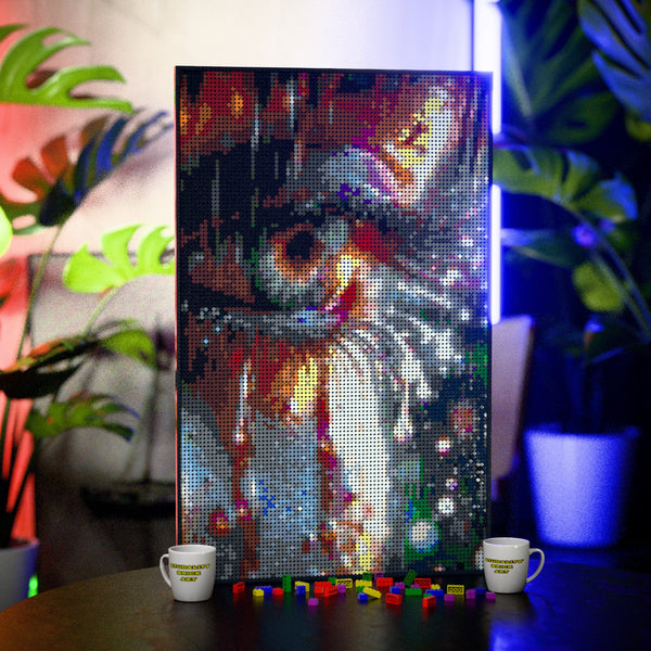 Rainbow Tears made out of 10,769 LEGO-Compatible bricks on a table with stylish luxury studio background.