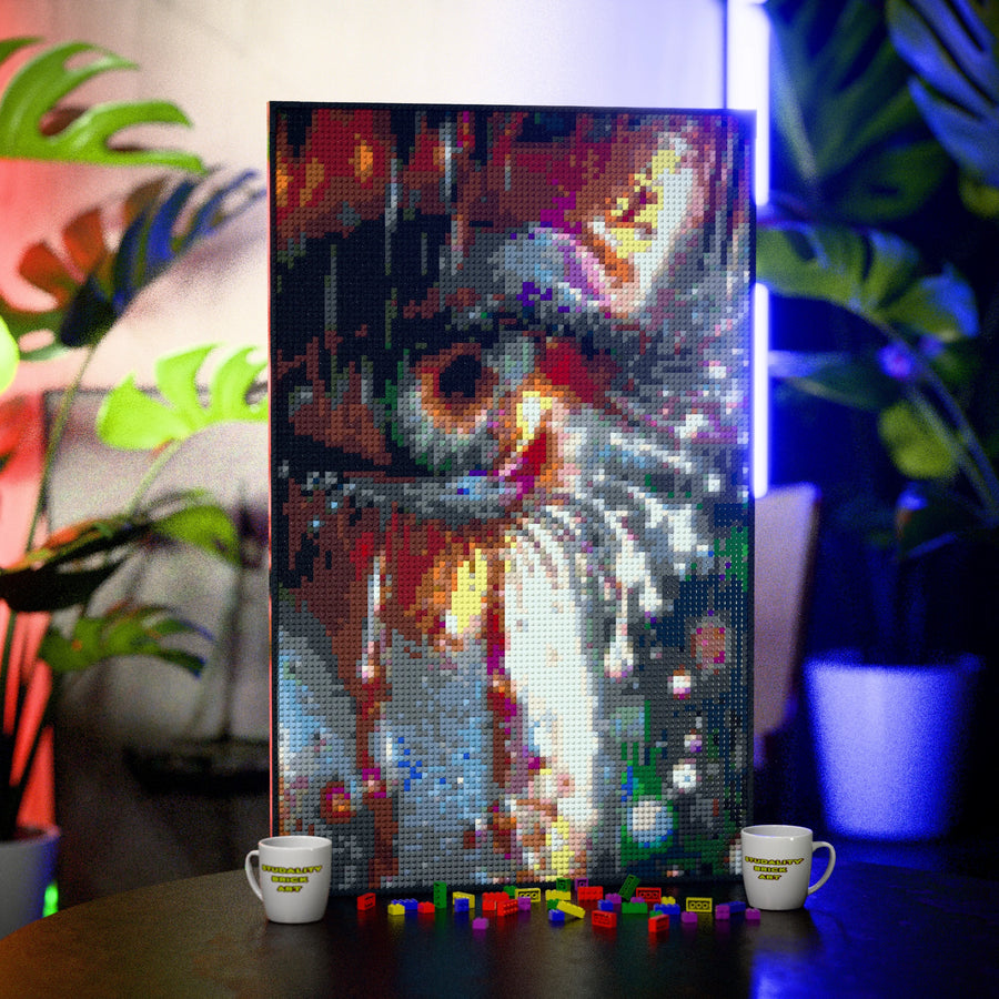 Rainbow Tears made out of 10,769 LEGO-Compatible bricks on a table with stylish luxury studio background, built with 1x1 square plates.