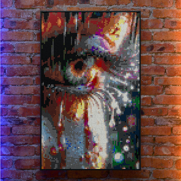 Rainbow Tears made out of 10,769 LEGO-Compatible bricks on a real red-brick wall background with good lighting.