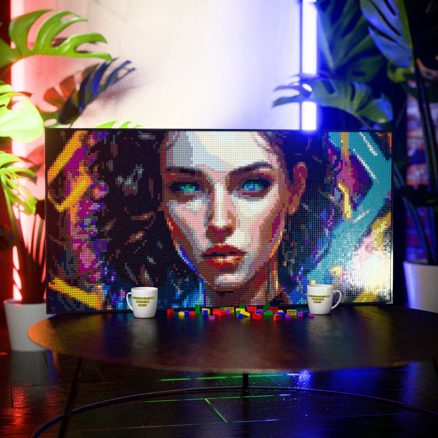 Rave Woman made out of 13,433 LEGO-Compatible bricks on a table with stylish luxury studio background, built with 1x1 square plates.