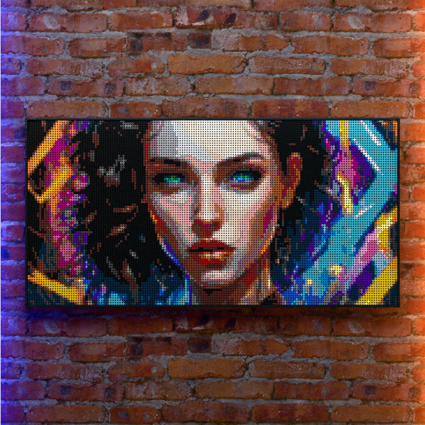Rave Woman made out of 13,433 LEGO-Compatible bricks on a real red-brick wall background with good lighting.