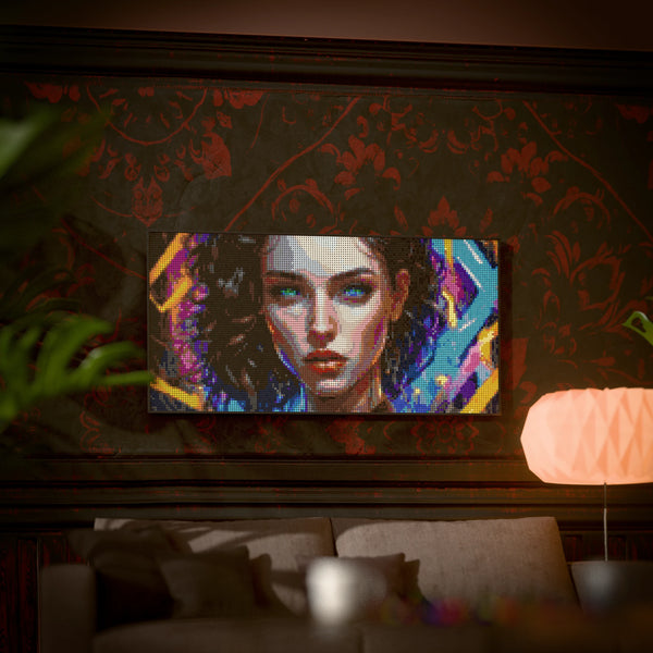 Rave Woman made out of 13,433 LEGO-Compatible bricks on a luxurious home background.