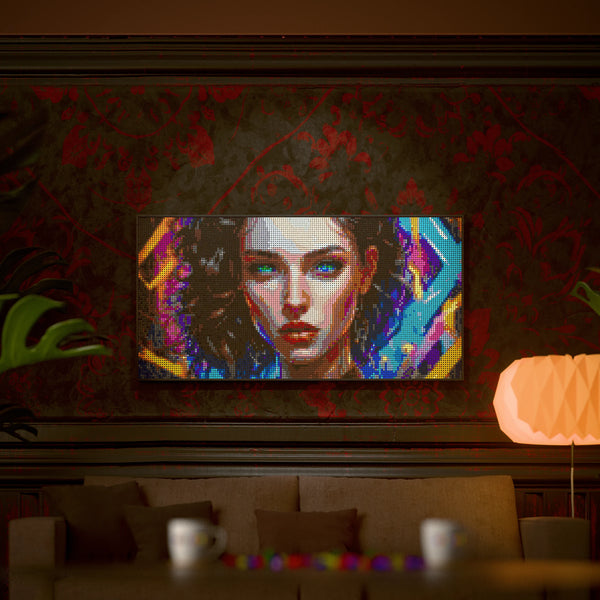 Rave Woman made out of 13,433 LEGO-Compatible bricks on a luxurious home background.