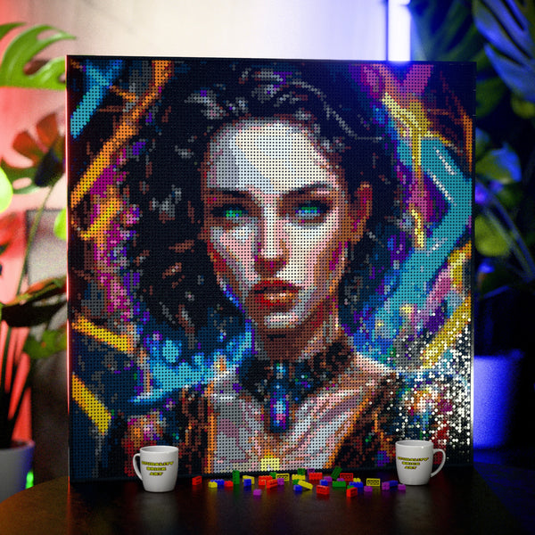 Rave Woman made out of 17,132 LEGO-Compatible bricks on a table with stylish luxury studio background.