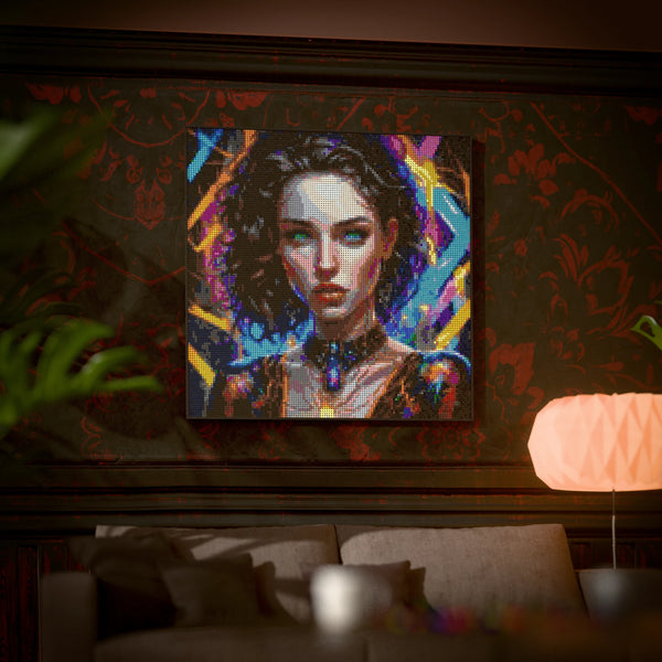 Rave Woman made out of 17,132 LEGO-Compatible bricks on a luxurious home background.