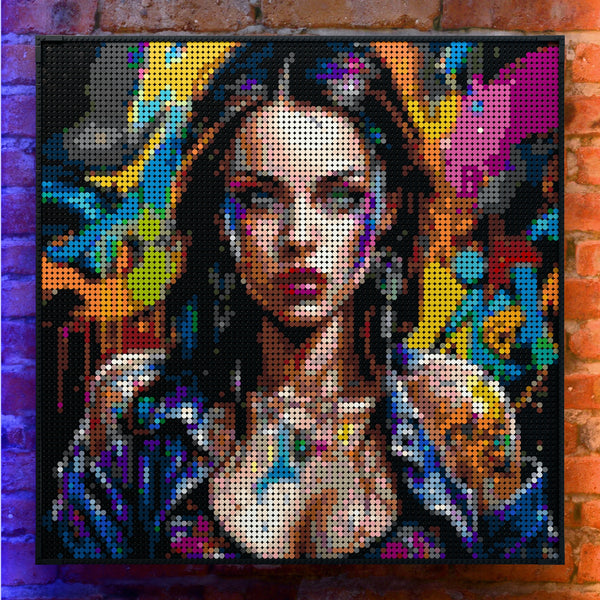 Raver Model Woman made out of 9,700 LEGO-Compatible bricks on a real red-brick wall background with good lighting.