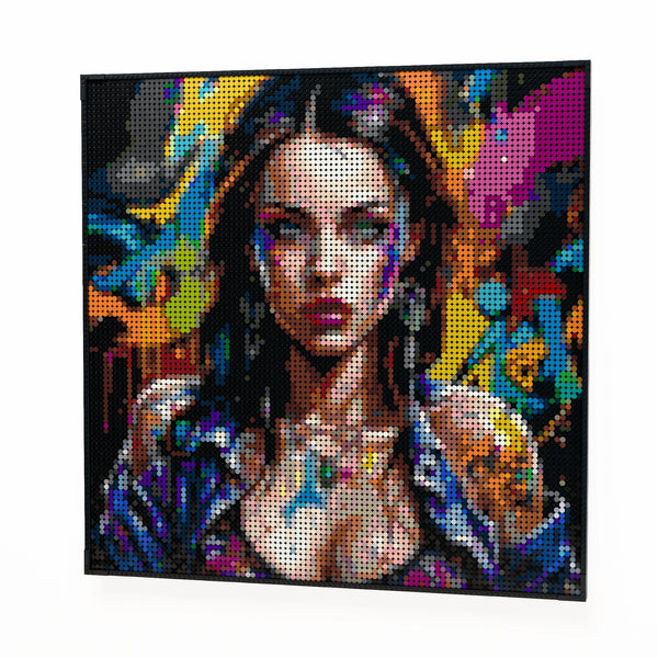 Raver Model Woman made out of 9,700 LEGO-Compatible bricks on a white clean background.