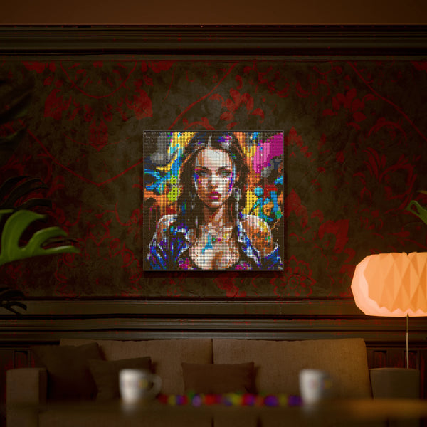Raver Model Woman made out of 9,700 LEGO-Compatible bricks on a luxurious home background.