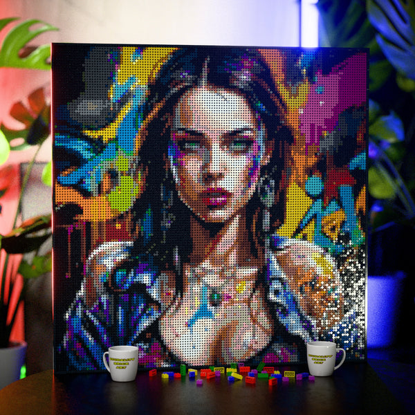 Raver Model Woman made out of 17,132 LEGO-Compatible bricks on a table with stylish luxury studio background.
