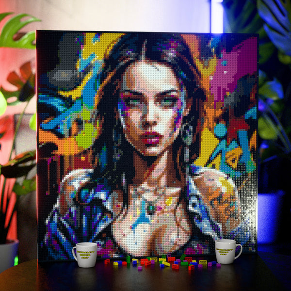 Raver Model Woman made out of 17,132 LEGO-Compatible bricks on a table with stylish luxury studio background, built with 1x1 square plates.
