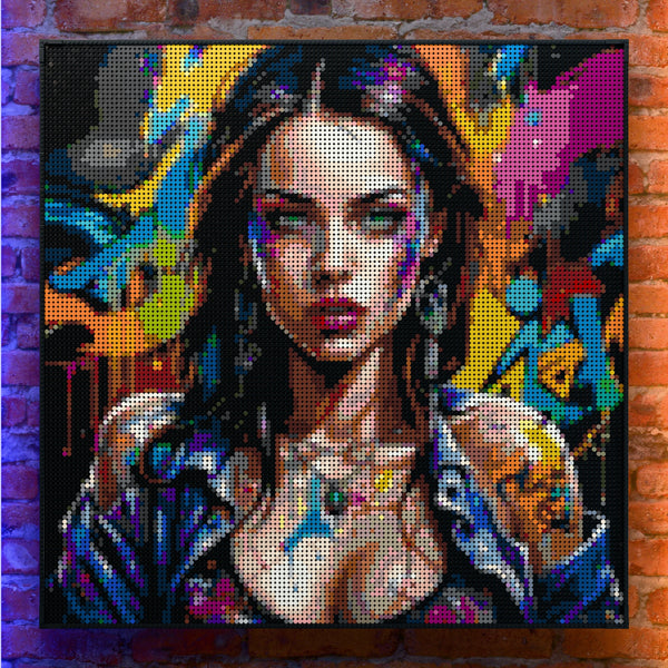 Raver Model Woman made out of 17,132 LEGO-Compatible bricks on a real red-brick wall background with good lighting.