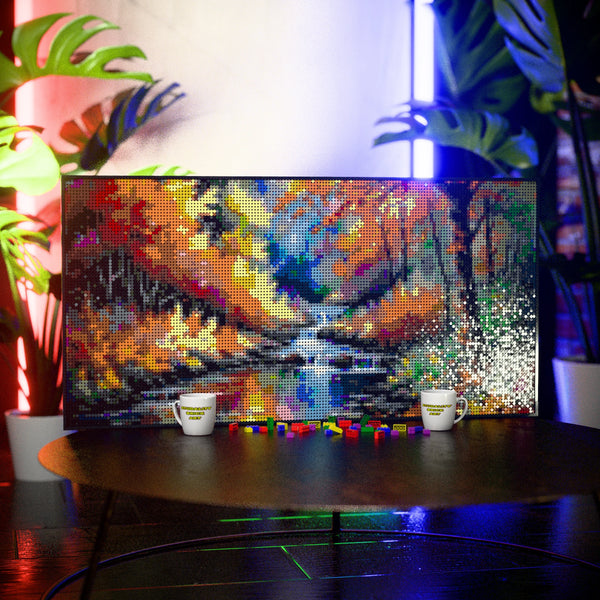 Serene Forest Scenery made out of 13,433 LEGO-Compatible bricks on a table with stylish luxury studio background.