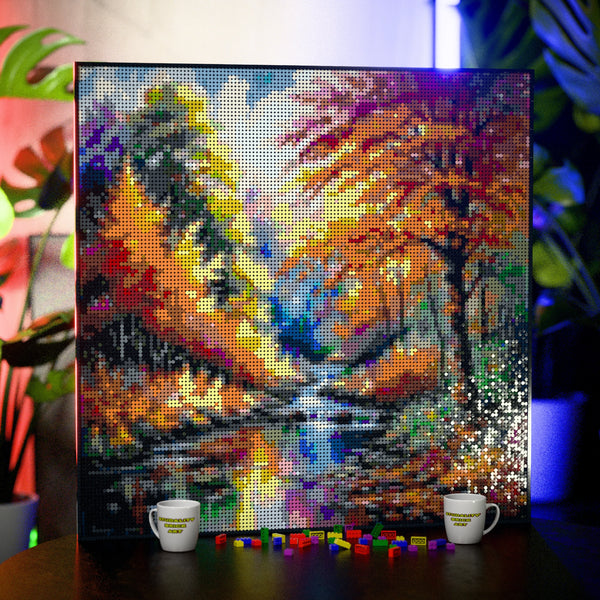 Serene Forest Scenery made out of 17,132 LEGO-Compatible bricks on a table with stylish luxury studio background.