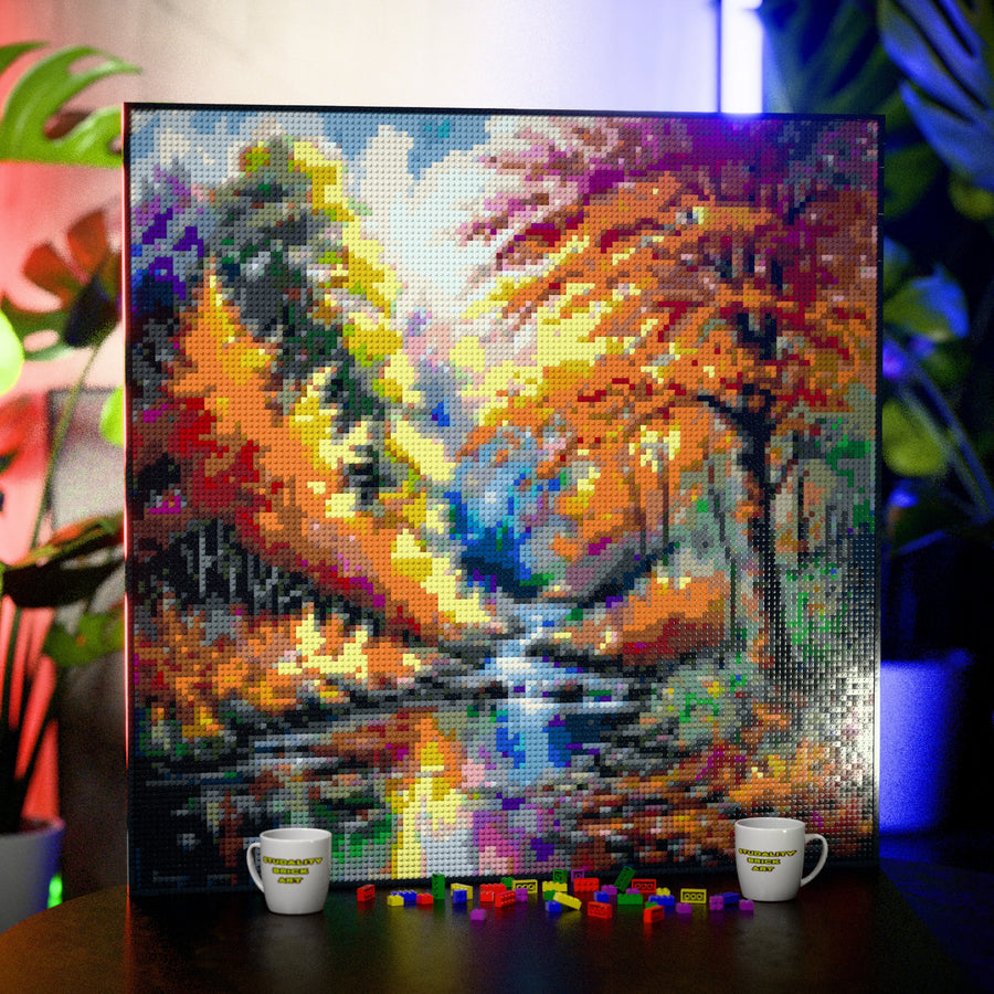 Serene Forest Scenery made out of 17,132 LEGO-Compatible bricks on a table with stylish luxury studio background, built with 1x1 square plates.