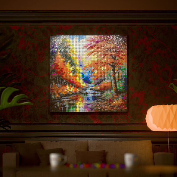 Serene Forest Scenery made out of 17,132 LEGO-Compatible bricks on a luxurious home background.