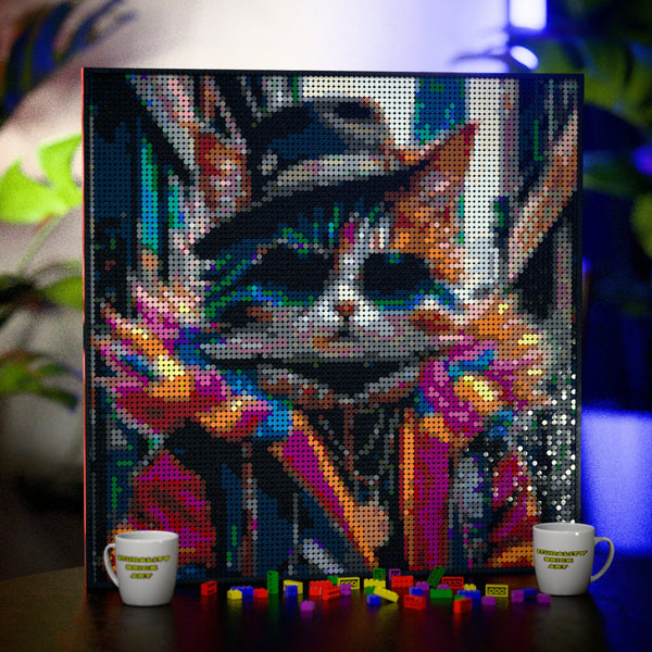 Silly Fashionable Cat Person made out of 9,700 LEGO-Compatible bricks on a table with stylish luxury studio background.