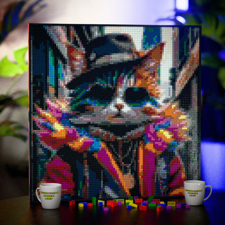 Silly Fashionable Cat Person made out of 9,700 LEGO-Compatible bricks on a table with stylish luxury studio background, built with 1x1 square plates.