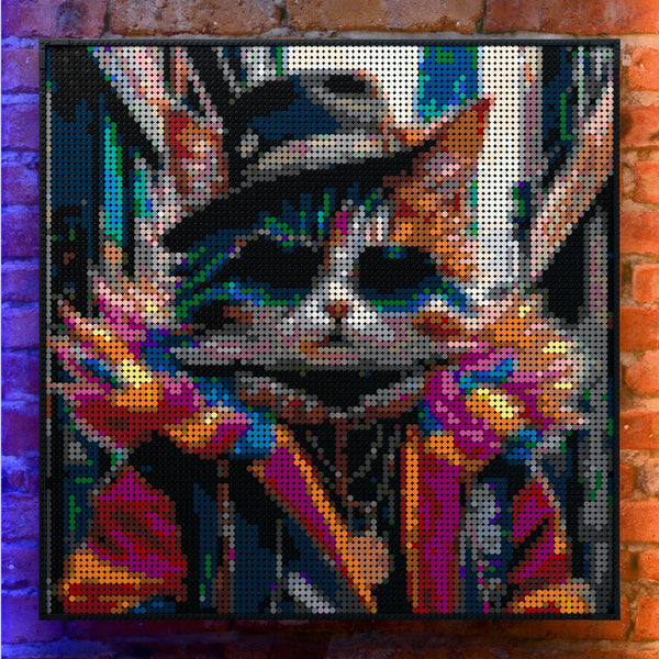 Silly Fashionable Cat Person made out of 9,700 LEGO-Compatible bricks on a real red-brick wall background with good lighting.