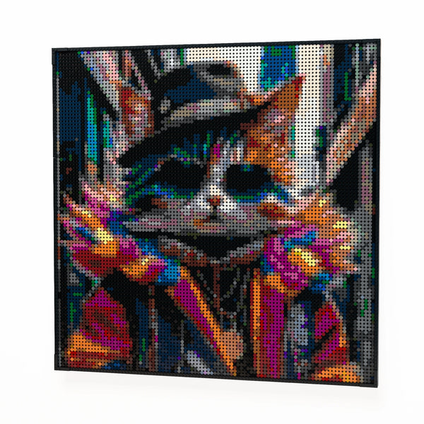 Silly Fashionable Cat Person made out of 9,700 LEGO-Compatible bricks on a white clean background.
