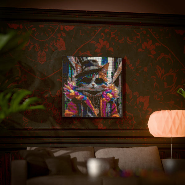 Silly Fashionable Cat Person made out of 9,700 LEGO-Compatible bricks on a luxurious home background.