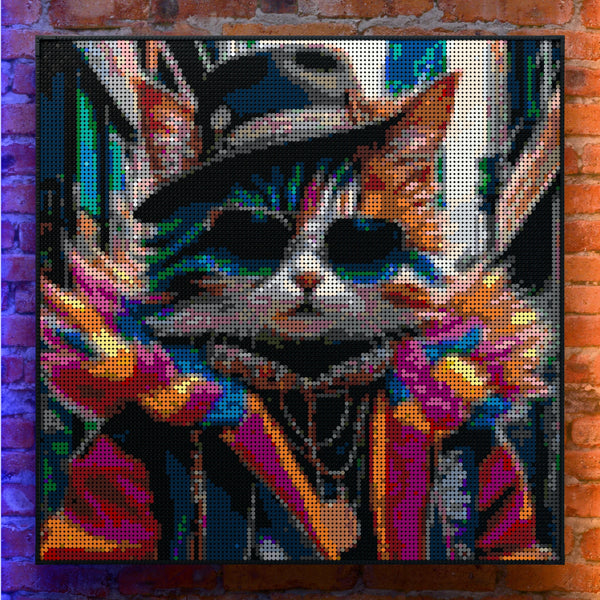 Silly Fashionable Cat Person made out of 17,132 LEGO-Compatible bricks on a real red-brick wall background with good lighting.