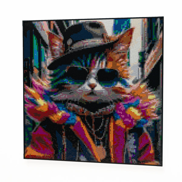 Silly Fashionable Cat Person made out of 17,132 LEGO-Compatible bricks on a white clean background.