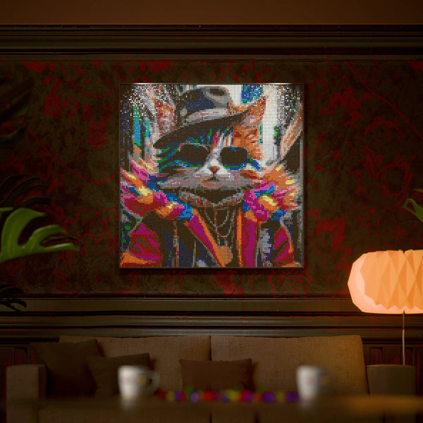 Silly Fashionable Cat Person made out of 17,132 LEGO-Compatible bricks on a luxurious home background.
