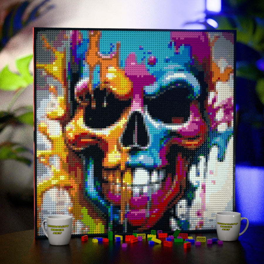Skull Art made out of 9,700 LEGO-Compatible bricks on a table with stylish luxury studio background, built with 1x1 square plates.