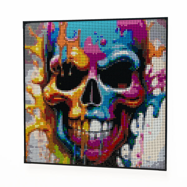 Skull Art made out of 9,700 LEGO-Compatible bricks on a white clean background.