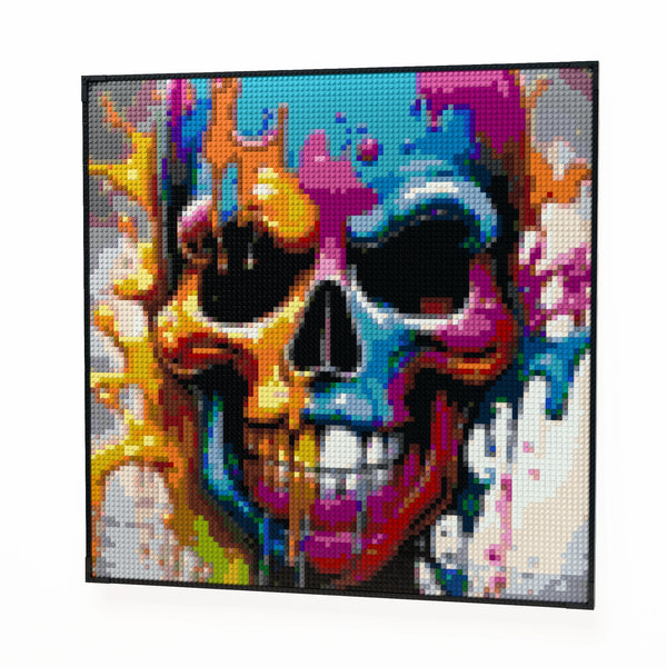 Skull Art made out of 9,700 LEGO-Compatible bricks on a white clean background, built with 1x1 square plates.