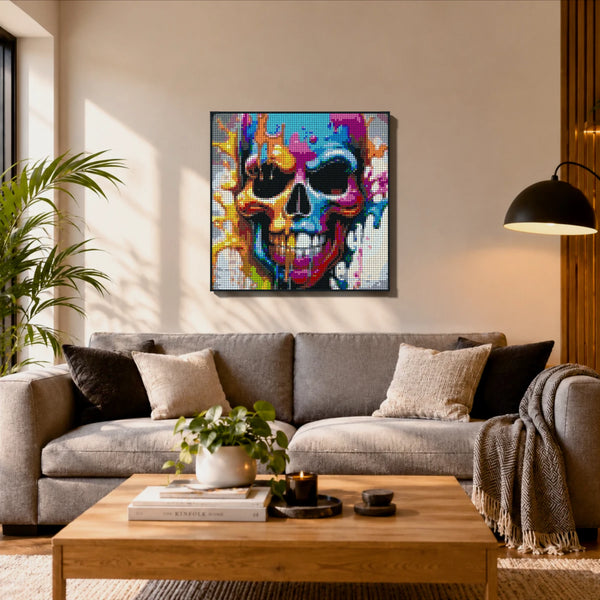 Skull Art made out of 9,700 LEGO-Compatible bricks on a ikea scandinavian home background.