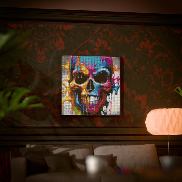 Skull Art made out of 9,700 LEGO-Compatible bricks on a luxurious home background.
