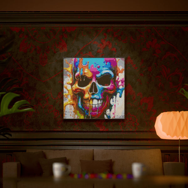 Skull Art made out of 9,700 LEGO-Compatible bricks on a luxurious home background.