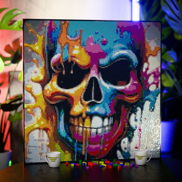 Skull Art made out of 17,132 LEGO-Compatible bricks on a table with stylish luxury studio background.