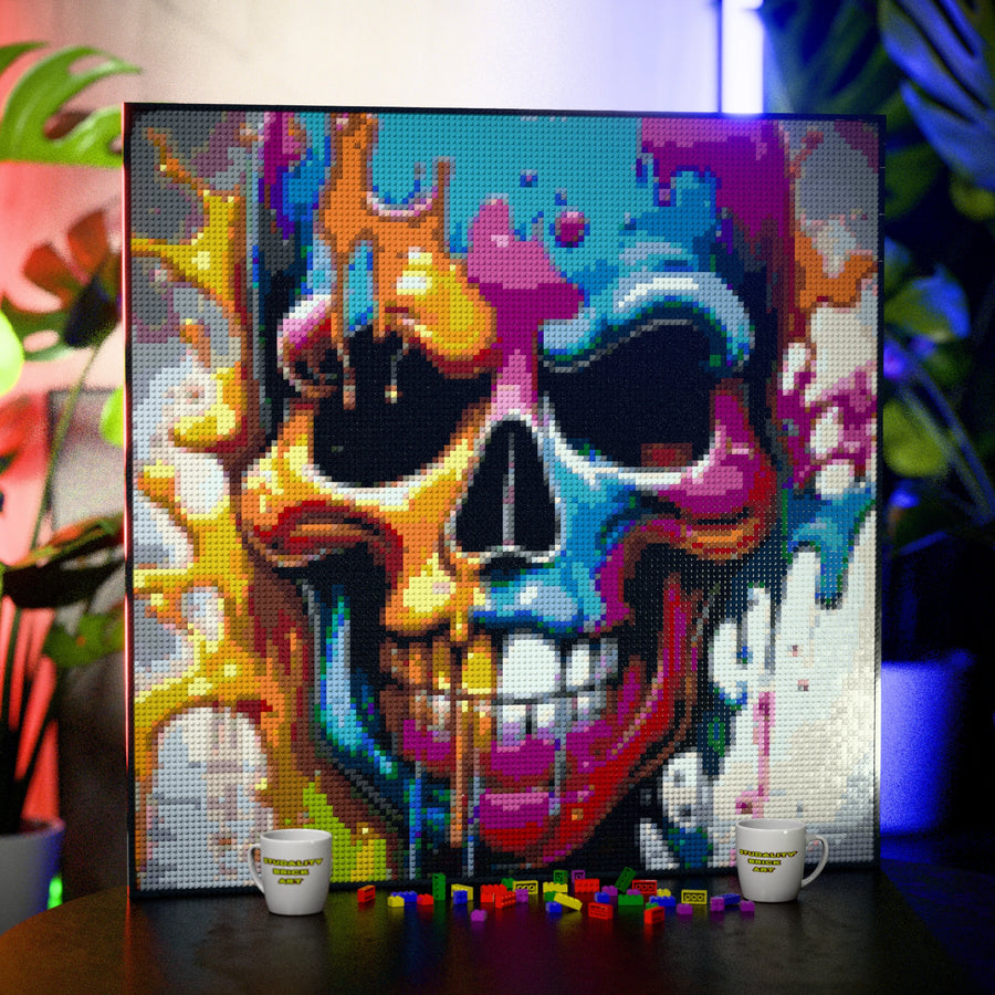 Skull Art made out of 17,132 LEGO-Compatible bricks on a table with stylish luxury studio background, built with 1x1 square plates.