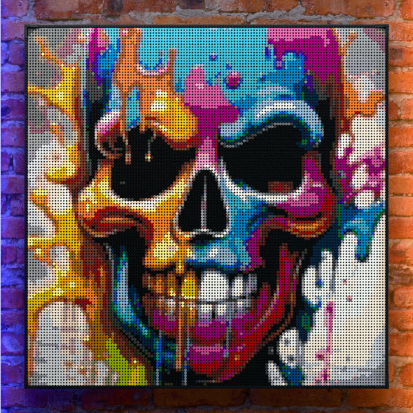 Skull Art made out of 17,132 LEGO-Compatible bricks on a real red-brick wall background with good lighting.