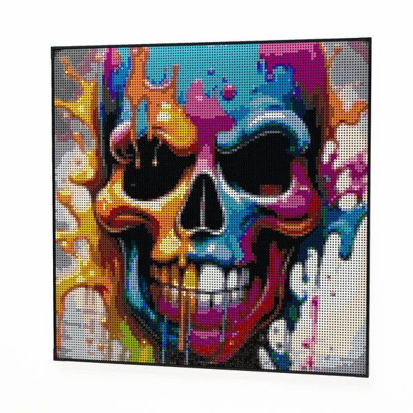 Skull Art made out of 17,132 LEGO-Compatible bricks on a white clean background.