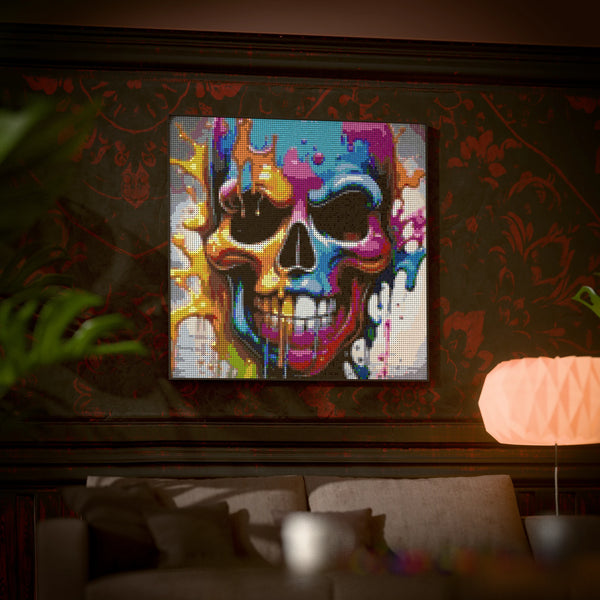 Skull Art made out of 17,132 LEGO-Compatible bricks on a luxurious home background.