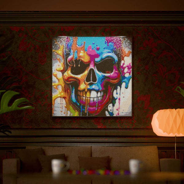 Skull Art made out of 17,132 LEGO-Compatible bricks on a luxurious home background.
